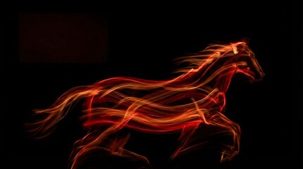 Abstract fiery horse light painting on a black background, representing speed, power, and dynamic motion. Modern art for design concept.
