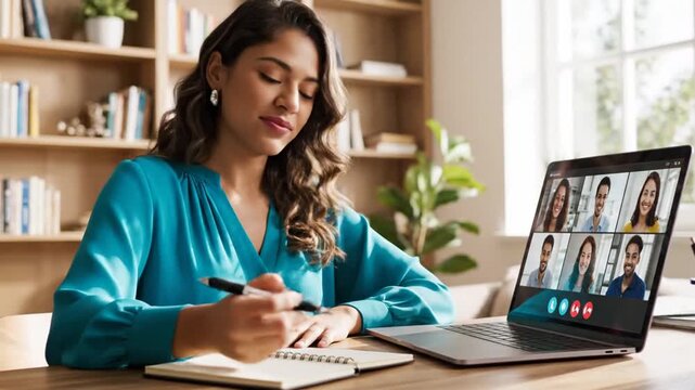 Woman participating in online video conference.