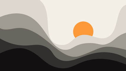Abstract landscape illustration of rolling hills at sunset with a minimalist style, featuring soft color gradients and a warm sun