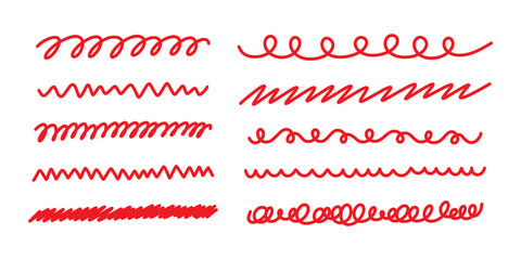 Collection of red hand drawn wavy lines, zigzags, and spiral strokes. Creative pen and marker scribbles for underlining and decorating. Different hand drawn lines for exam, test or education.