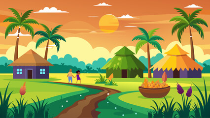 Obraz premium Tropical village sunset Vector
