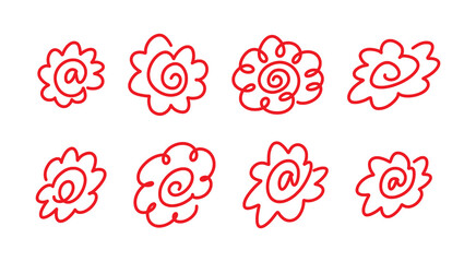Set of red hand drawn Hanamaru flower symbols for marking correct answers. Japanese teacher reward stamps and flower-shaped spirals. Hanamaru sign, symbol.