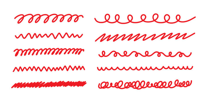 Collection of red hand drawn wavy lines, zigzags, and spiral strokes. Creative pen and marker scribbles for underlining and decorating. Different hand drawn lines for exam, test or education.