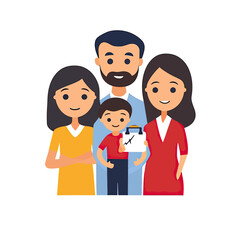 Fototapeta premium Illustration of smiling family with father mother sister and son holding clipboard with medical chart in flat minimalist style vector
