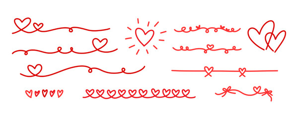 Set of hand drawn red heart doodles, romantic swirls, decorative dividers, and love symbols for Valentine's Day or wedding designs. Decorative romantic border lines with hearts.