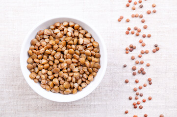 Cooked lentils, boiled small brown lentils, in a white bowl on linen. Canned unshelled mountain lentils, seeds of Lens culinaris, a legume and staple, used for thick curry, gravy or dal. Food photo