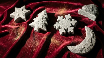 Stone christmas ornaments on red velvet fabric with glitter. Winter holiday decor for greeting card and festive background. Seasonal concept.