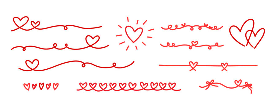 Set of hand drawn red heart doodles, romantic swirls, decorative dividers, and love symbols for Valentine's Day or wedding designs. Decorative romantic border lines with hearts.