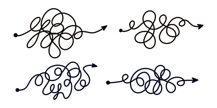 Set of four tangled scribble lines transitioning from chaos to straight arrow. Concept of problem solving, simple solution, untangling process, and efficient business strategy development.