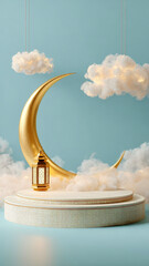 Golden crescent moon and ornate lantern on layered podium with soft clouds against blue background. Dreamy Ramadan scene symbolizing faith, peace and spirituality, ideal for Eid greeting