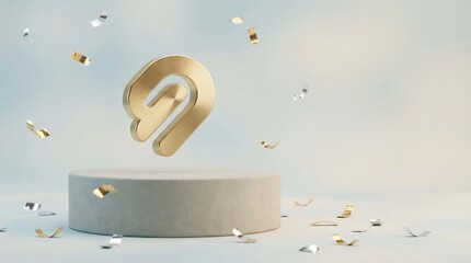 Golden abstract geometric display floating above a concrete podium. Modern showcase with falling confetti for product presentation or celebration.
