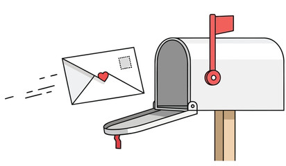 Mail being inserted into a white mailbox with red flag on a wooden post