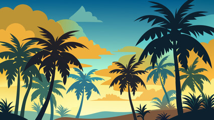 Obraz premium Tropical sunset with palm trees Vector