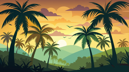 Tropical sunset with palm trees Vector