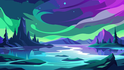 Obraz premium Northern lights over serene lake Vector
