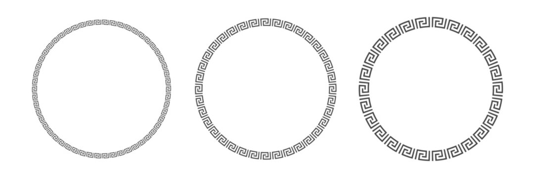 Traditional Greek ornamental patterns with repeating geometric borders. Collection of circular frames. Vector