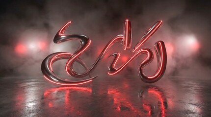 Flowing chrome letter forms with red neon glow on wet concrete with smoke. Modern abstract digital art with dark atmospheric mood.