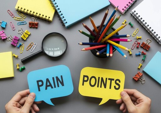 Concept of Identifying Business Pain Points: Hands Holding Speech Bubbles Over Office Supplies