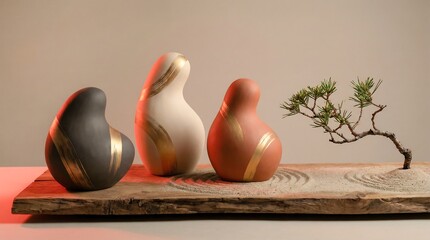 Three decorative pottery urns with gold brushstrokes and a bonsai tree on a wooden board. Modern minimalist design and home decor.