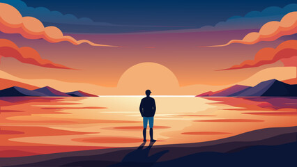 Silhouette at sunset over calm waters Vector