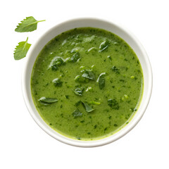 Green mint sauce in white bowl isolated on transparent background