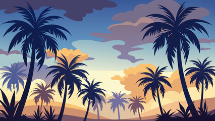 Fototapeta premium Tropical sunset with palm trees Vector
