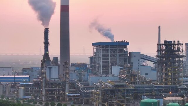 Industrial plant with smokestacks emitting plumes of smoke during twilight hours