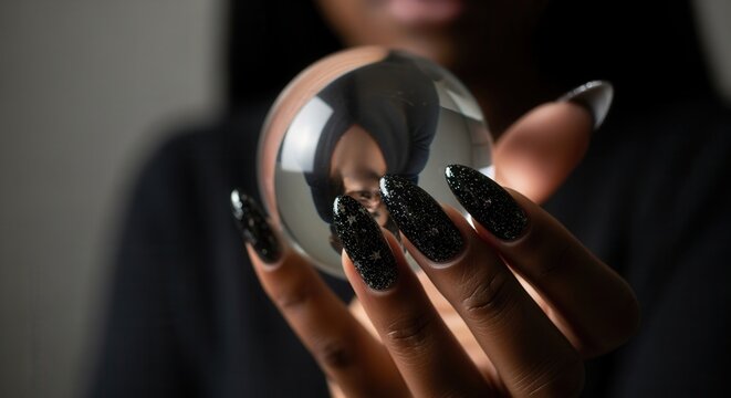 A woman's hand with a black glitter manicure holding a crystal ball. Close-up of a psychic's reflection predicting the future. Magic and divination concept