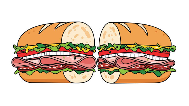 Vibrant cartoon subs illustration two mouthwatering deli sandwiches packed with fresh lettuce ripe tomatoes savory meats and zesty sauces on golden