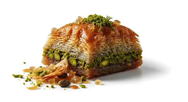 Conceptual baklava dessert with flaky layers and pistachio nuts, infused with green moss growth, symbolizing decay.