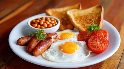 Delicious full English breakfast with fried eggs, sausages, baked beans, toast, and fresh tomatoes served on a rustic table.