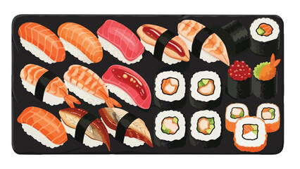 A vibrant culinary display featuring a diverse assortment of fresh Japanese sushi and maki varieties, including delicate nigiri and flavorful rolls