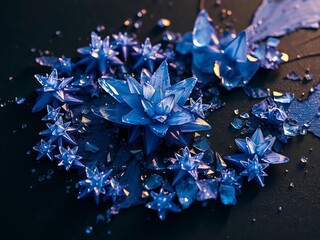 Deep indigo ink blooms into crystalline fractals on a charcoal canvas, macro focus, abstract,  indigo