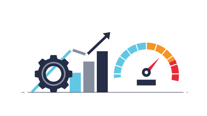 Fototapeta premium Business performance dashboard with growth chart bars upward arrow gear and speedometer gauge for data analysis concept.