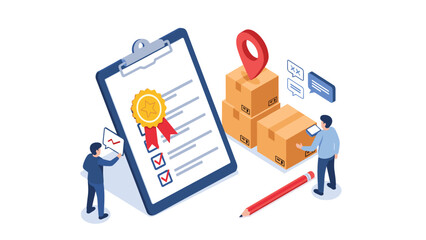 Two workers managing logistics with a large checklist clipboard and cardboard boxes for shipping and delivery service excellence in a warehouse.