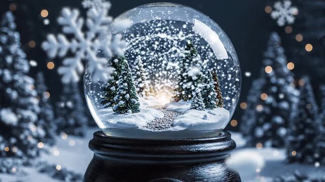Snow globe with snowflakes and small pine trees on a dark background 4k video