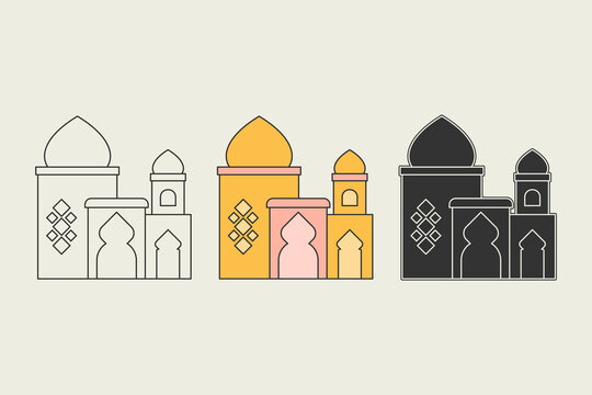 Mosque illustration in three different styles. Simple mosque design with a combination of orange and pastel pink colors, vector illustration.