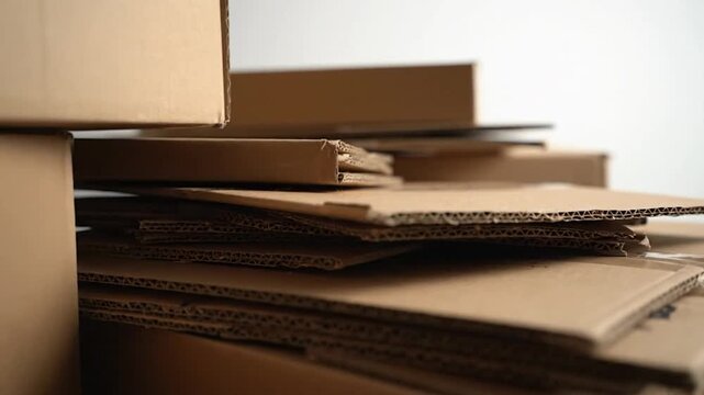 Stacked corrugated cardboard boxes and sheets in close-up