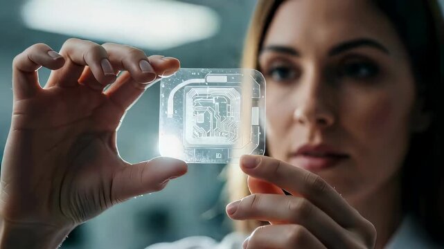 Woman scientist hand holding a transparent biochip in laboratory. Advanced nanotechnology and high-tech artificial material research concept.