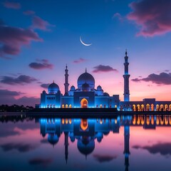 Fototapeta premium Illuminated mosque with blue lights reflecting in water at dusk with crescent moon