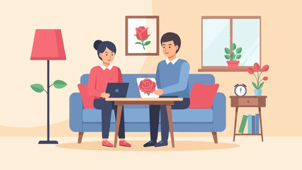 Couple on sofa, working on laptops, with home decor and plants