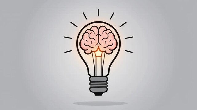 Conceptual illustration of a glowing lightbulb with a human brain inside, symbolizing a brilliant idea, creative thinking, and intelligence for innovation and problem-solving