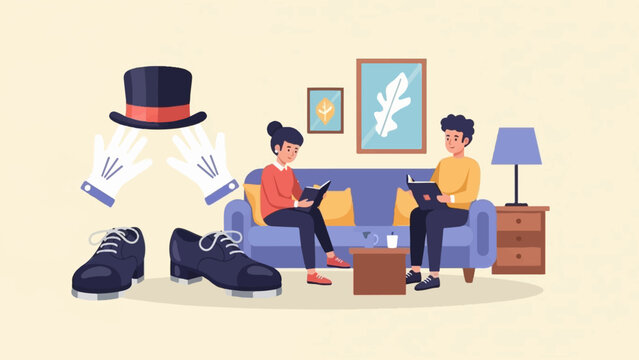 Couple reading in living room with tap dance attire