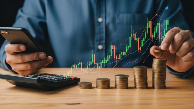 Investor diligently managing financial growth and wealth with a smartphone and stacking coins