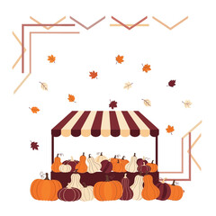 Naklejka premium Autumn Pumpkin Market Stall Displaying Harvest Gourds and Fall Foliage Amidst Geometric Accents