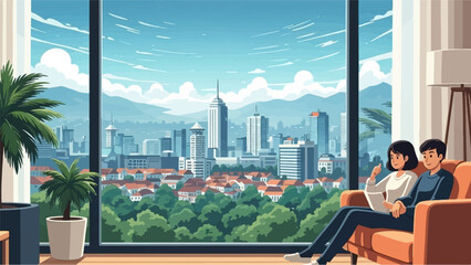 Obraz premium Couple relaxing indoors, looking out large window at a pixelated cityscape and mountains