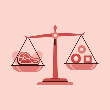 Balanced Diet Comparison: Meat Versus Geometric Shapes Depicted on a Precise Scale