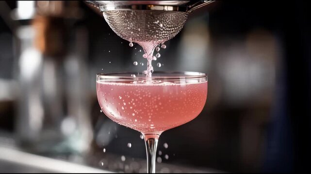 Pink cocktail being strained into a glass with ice in a dimly lit bar setting with a metal strainer