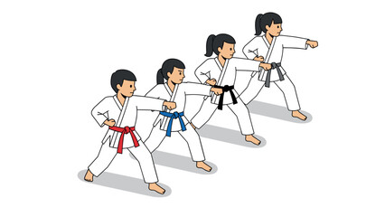 Isometric karate class: diverse belt levels and dynamic poses in martial arts training