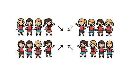 Cartoon team collaboration: girls communicating in groups with arrows